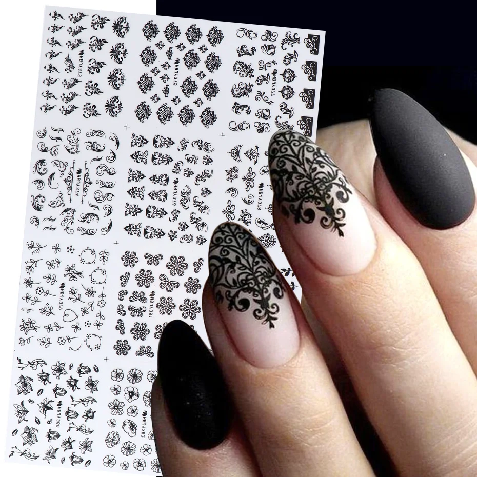 12ks / set čierne nálepky na nechty kvetinový list náhrdelník 3D posúvače nálepky Gélové nálepka DIY Design manikúra Tipy