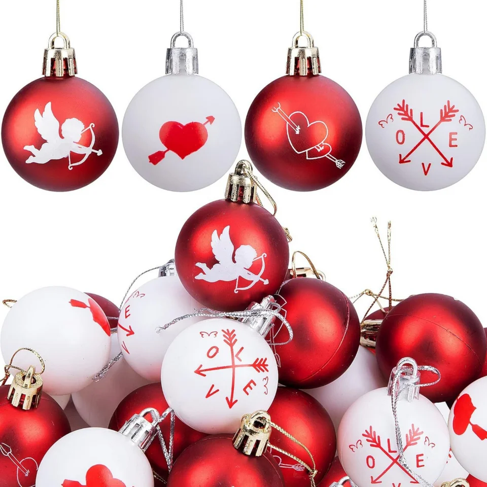 12ks Valentínske guľové ozdoby súprava 4 cm visiaci červená snehová vločka Star Flow Decortions Shatterproof Pasy For Party