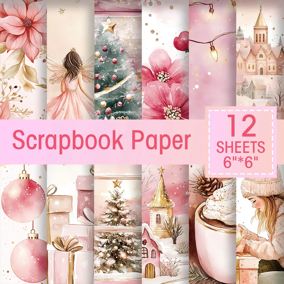 12ks vinobranie ružový vianočný zápisník Papier, Pink Flower Design Design Paper pre denník