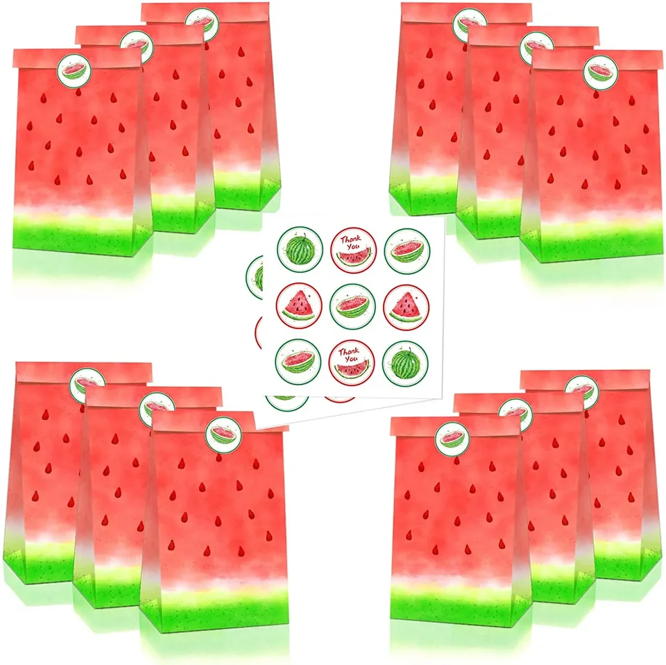 12ks Watermelon Goodie Bags Watermelon Party uprednostňuje cukrovinky s nálepkami na dodávky narodeninovej oslavy tematicky s melónom