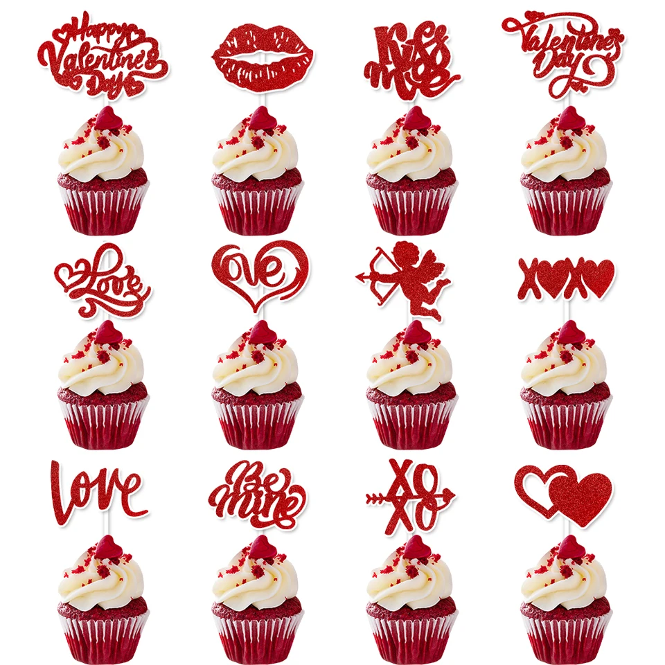12ks červený trblietky Šťastný valentínsky deň torty Toppers Sweet Love Be Mine Valentines Cupcake Picks Wedding Party Decor Decor