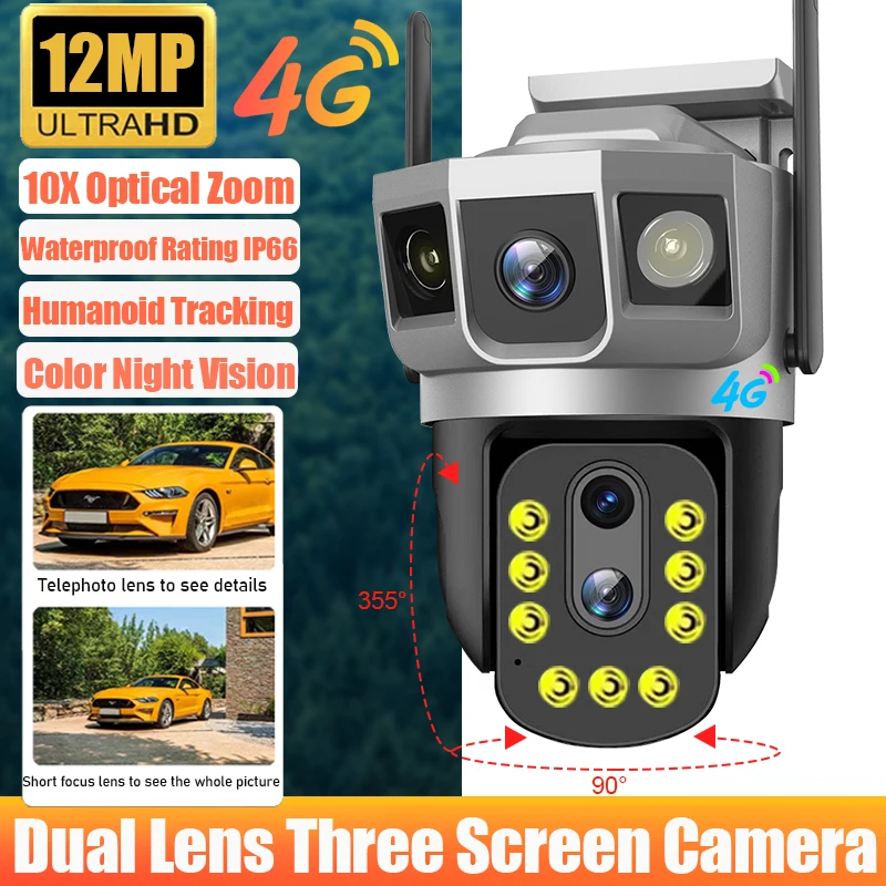 12MP 4G tri obrazovky IP fotoaparát 10x Optický priblíženie vonkajšieho PTZ Automatické sledovanie nepremokavých domácich CCTV bezpečnostných ochranných kamier