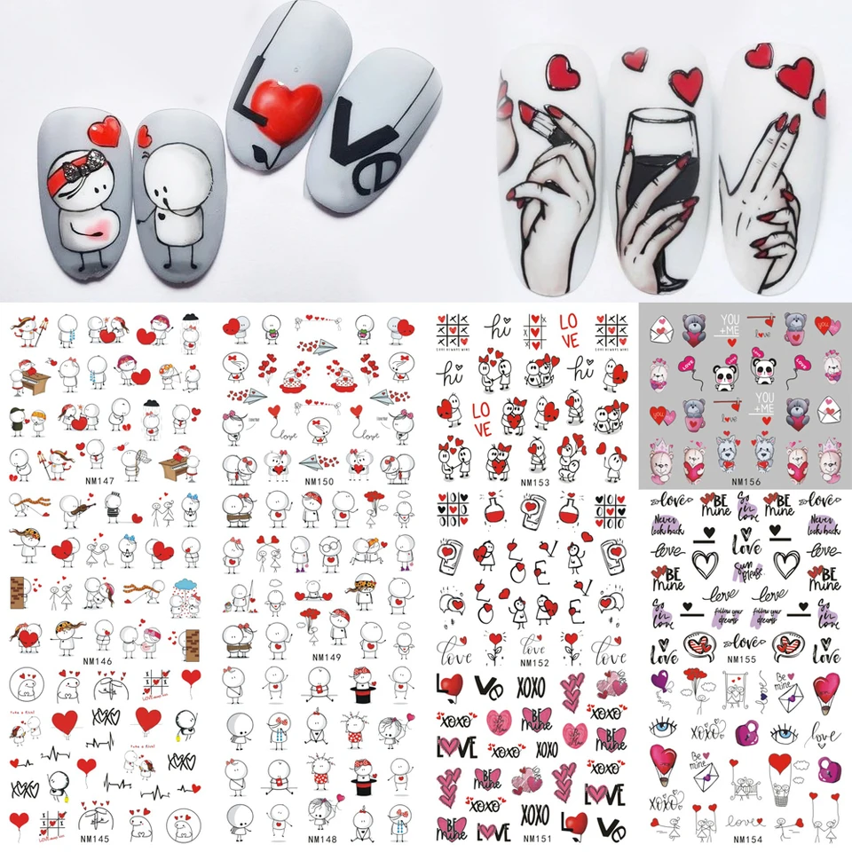 12patterns Valentines Day na nechtové umenia nálepky Love Heart Flower Letter Water Sliders Sticker Tattoo French Mancit Decorácie