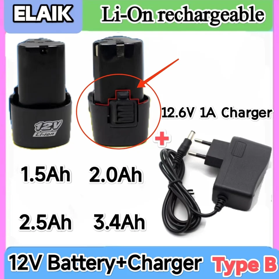 12V 1,5AH 3,4AH Nabíjateľná lítiová batéria pre uhlovú brúsku Elektrický vŕtací vŕtací elektrický skrutkovač náhradná batéria EÚ Plug Nabíjačka