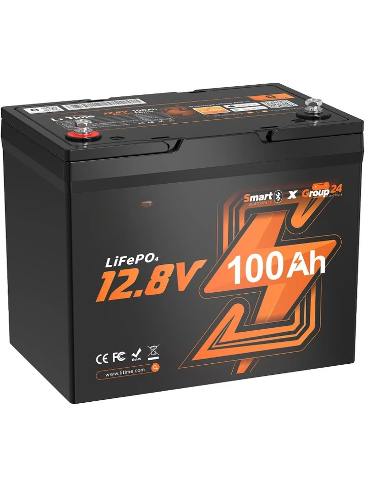 12V 100AH ​​Group 24 Bluetooth LifePo4 batéria, lítiová batéria s hlbokým cyklom, vstavaná 100A BMS s nízkym tempom, max