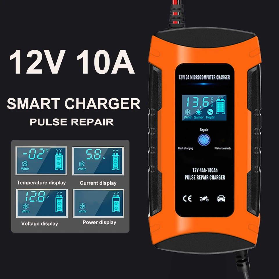 12V 10A Car Battery Smart Charger Pulse Oprava olovnatej batérie Digitálny displej pre nabíjačku batérií pre motocykle