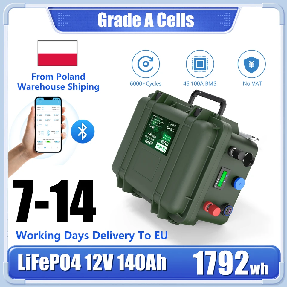 12V 140AH LIFEPO4 batéria Bluetooth BMS 12,8 V 100AH ​​6000+ cykly stupeň A Cell PD USB nepremokavý IP65 pre RV rybárske lode Žiadna daň