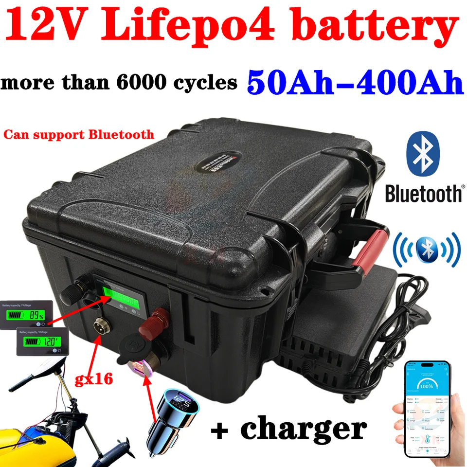 12V 200AH 100AH ​​150AH 300AH 400AH 500AH 600AH LIFEPO4 BATTERIA AL LITIO Bluetooth BMS Alimentatore na Barca da Pesca Inverter