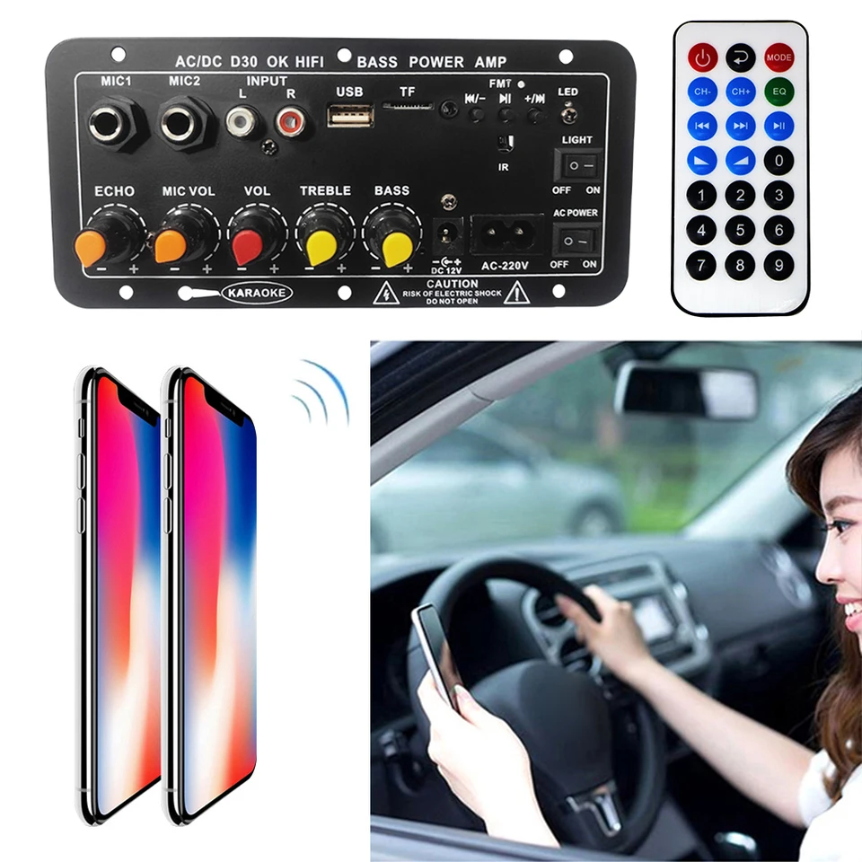 12V 220V Stereo zvukový zosilňovač duálny mikrofón Bluetooth kompatibilný digitálny stereo zosilňovač doska Car Stereo Digital Amplifier doska