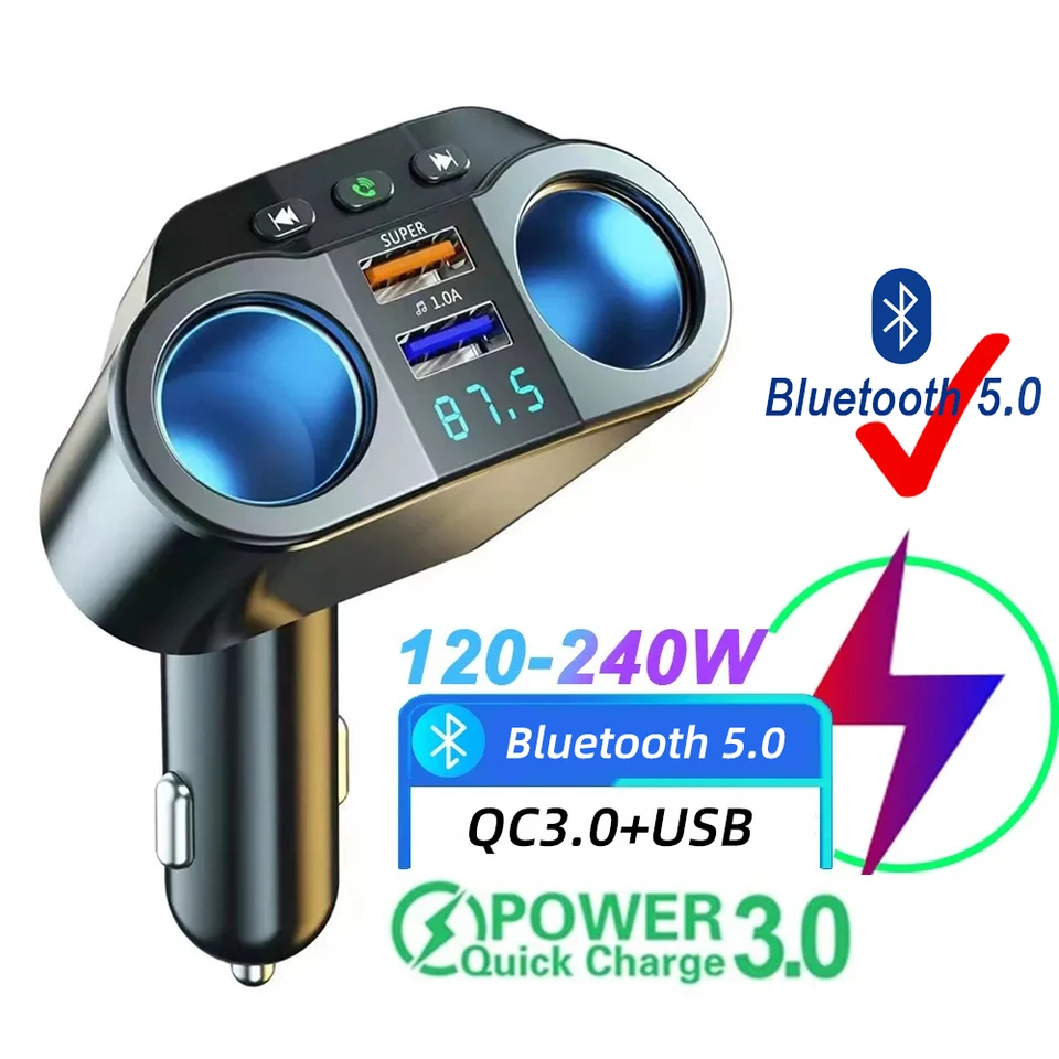 12v/24 V auta Cigareta Zapaľovač Splitter Car nabíjačka Dual USB Quick Charger Socket Socket Bluetooth Handsfree Call Auto FM vysielač