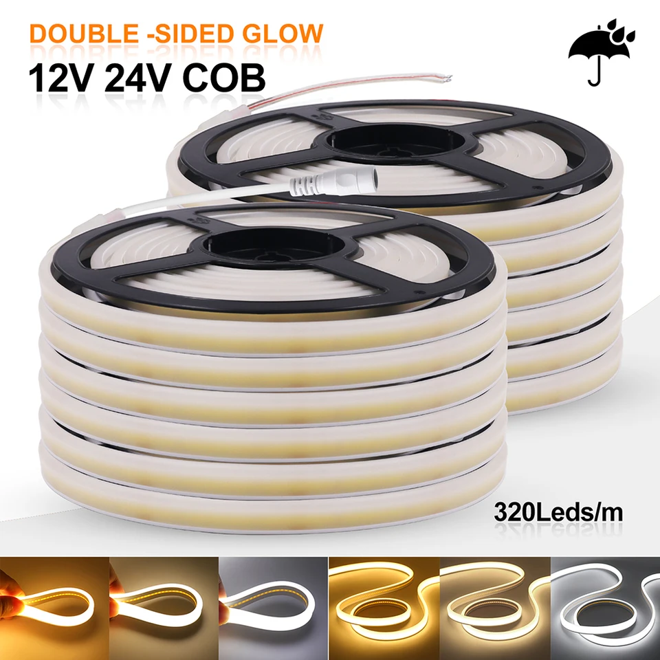 12V 24 V COB LED Neon Light Svetlo obojstranné jasné jasné 3000K 4000K 6000K IP67 nepremokavé 320LED/m Flexibilná lampa DC DC