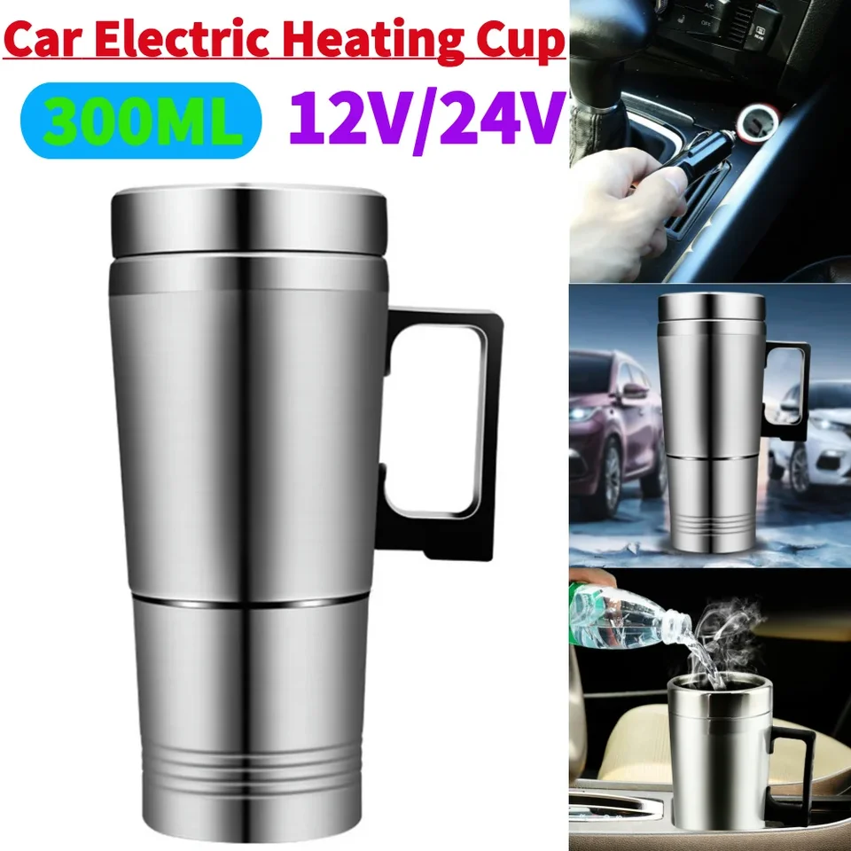 12V/24 V Elektrické vyhrievacie auto Kettle Vodné kávové mlieko Tepelný hrnček 300 ml z nehrdzavejúcej ocele Fľaša na fľašu Fľašu