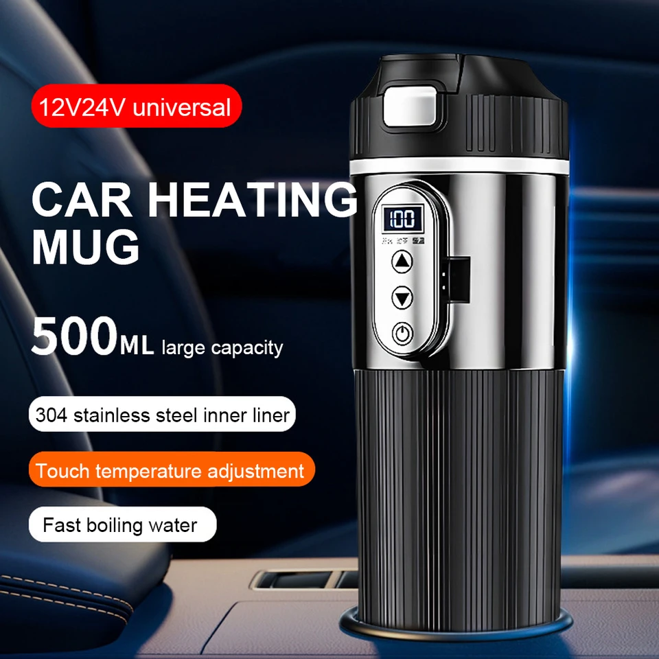 12V 24 V Hladenie automobilu Cup Elektrická kanvica z nehrdzavejúcej ocele LCD Displej vody Ohrievanie fľaše Cestovné kávové ohrievacie vodné pohorie