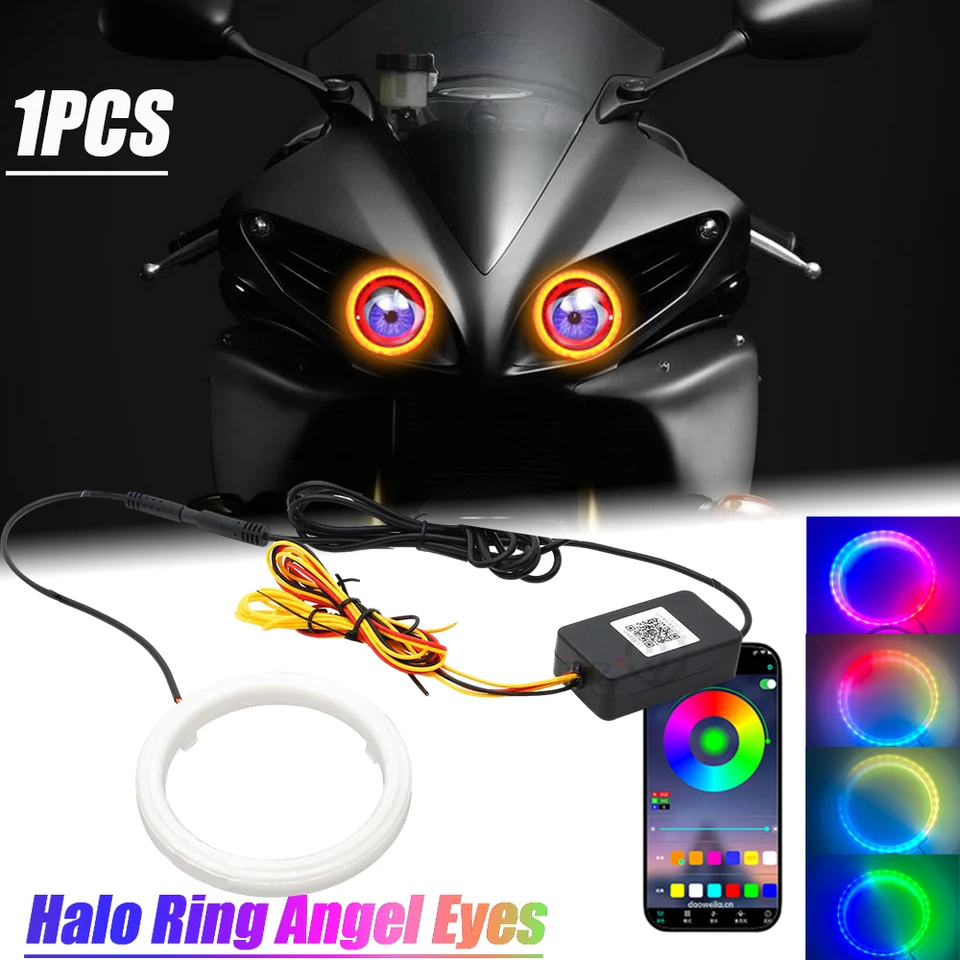 12V 24V Motocykel RGB Angel Eyes Halo Rings Svetlá so zákrutovými svetlami Aplikácia Bluetooth LED motocykla dodatočná