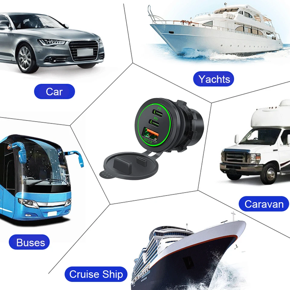 12v-24V nabíjačka automobilu 75 W PD Type C QC 3.0 Výstup vodotesného adaptéra rýchleho nabíjania USB USB VYBEROVANIE PRE ATV LODE TRACK