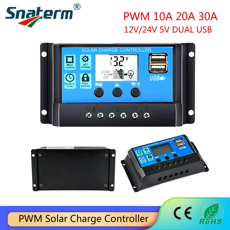 12V 24V Solárny ovládač nabíjania PV 30A 20A 10A s LCD displejom a dvojitým USB PWM solárne PV regulátory batérií 30Amps