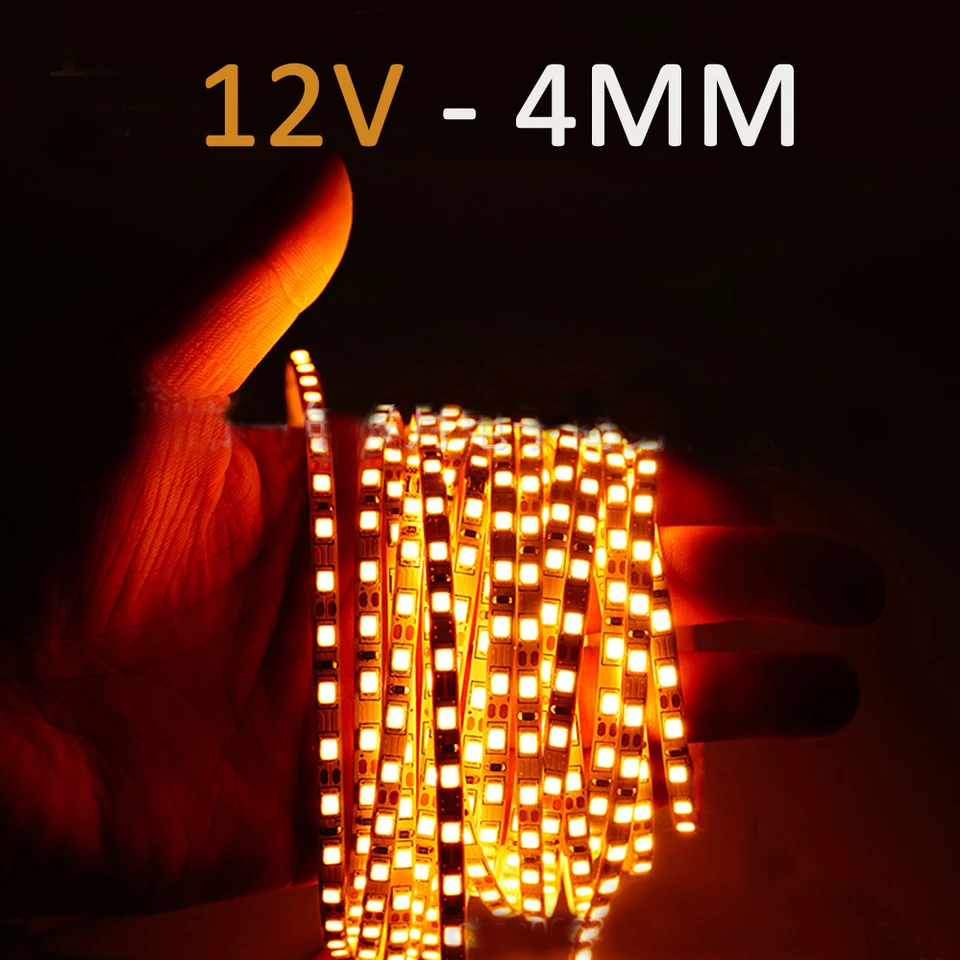 12V 4 mm LED pásma LIGHT 2835 120led s jednosmerným konektorom úzke 4 mm flexibilné LED páska Prírodná teplá biela oranžová domáca dekorácia