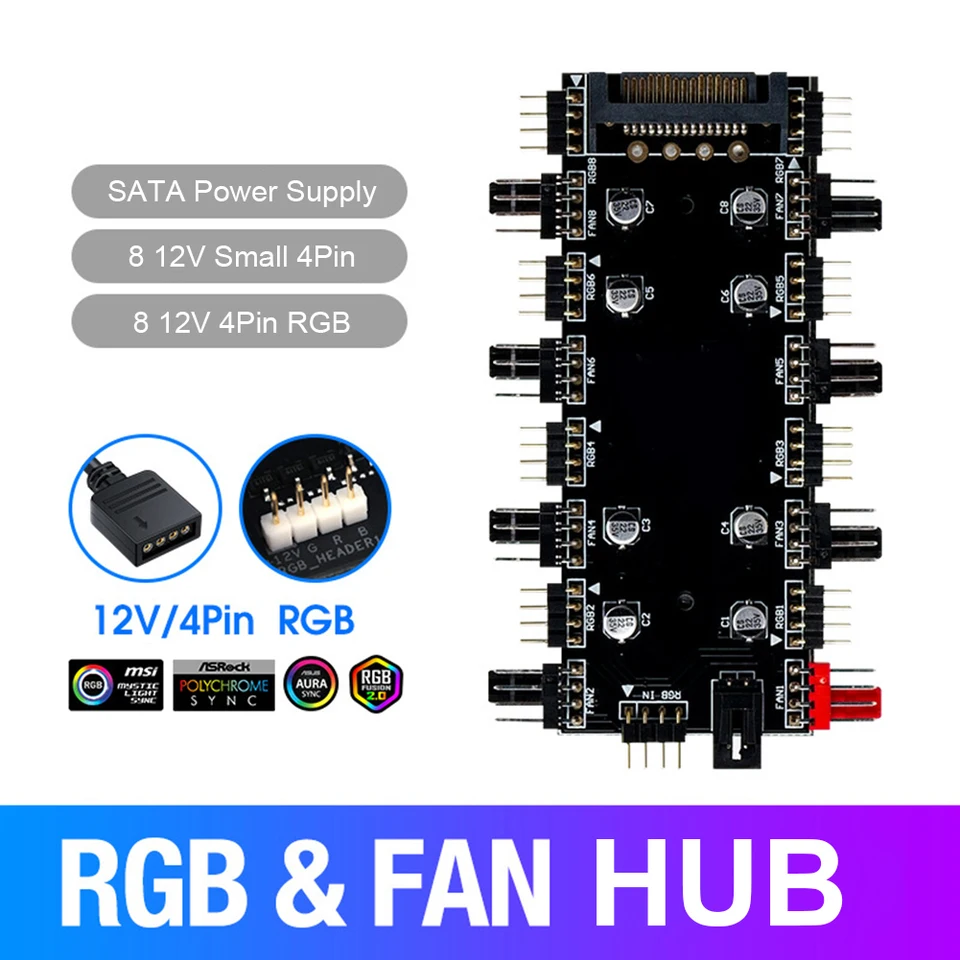 12V/4PIN RGB 5V/3PIN ARGB FAN HUB PC PC PWM Adaptér radiča rýchlosti 1 až 8