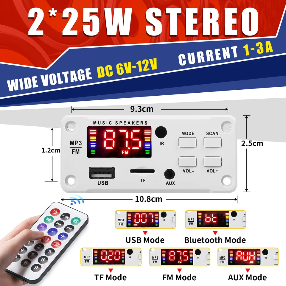 12V 50W Zosilňovač farebná obrazovka MP3 Decoder Board 2*25W 12V MP3 prehrávač Bluetooth5.0 USB Modul FM AUX Radio Radio Radiing Handfree