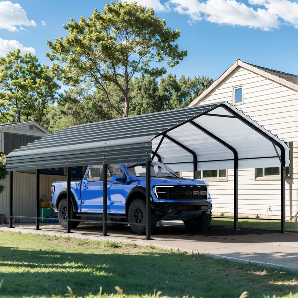 12x20 ft carport ， ťažkopádny Carport Canopy s pozinkovanou oceľovou strechou a rámom ， vylepšená extra veľká garáž ， kovový cost