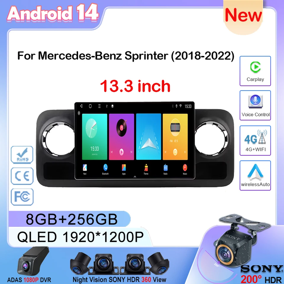 13,3 palca pre Mercedes -Benz Sprinter 2018 - 2022 Wireless CarPlay Android Car Radio Multimedia Video Player 4G Navigation GPS BT BT