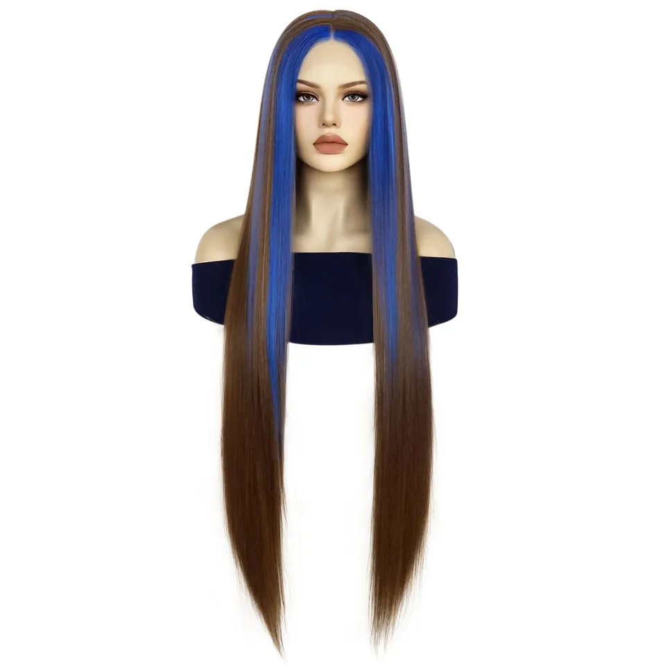 13*5*1 T-diel zvýrazňuje Royal Blue Skunk Skunk Stripe Parochňa hodvábne hnedá s kráľovským modrým pruhom 40 palcov extra dlhá syntetika