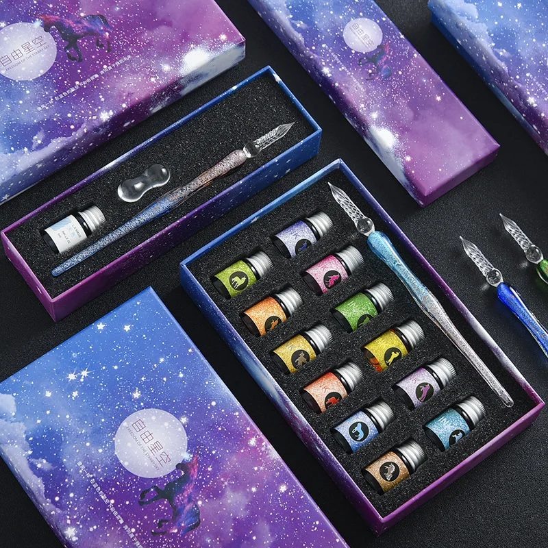 13/7 ks/set Crystal Glass Pens Starry Sky Unicorn Calligrafy Dip Dip Per Glitter Práškové práškové fontány Farby atramentu