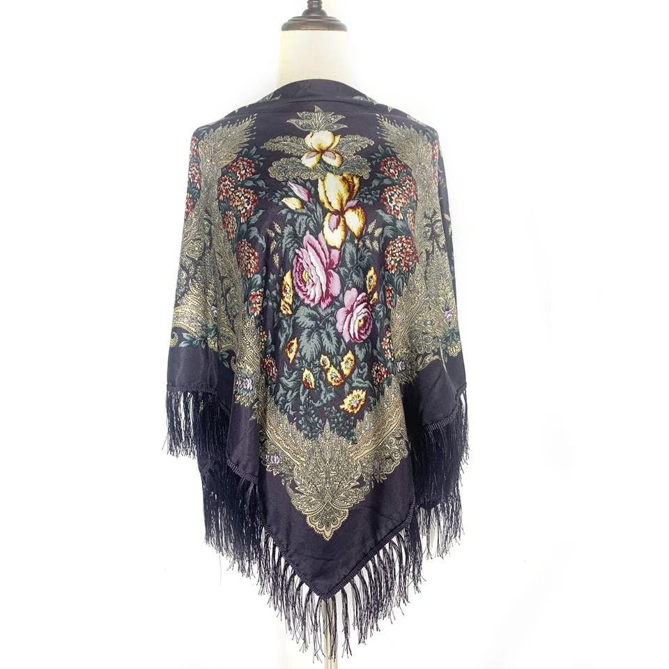 130*130 cm Etnický štýl Ruský šál Luxusné ženy Kvetinové tlač Ukrajinky Fringed Shawl Babushka Bandana Head Wraps
