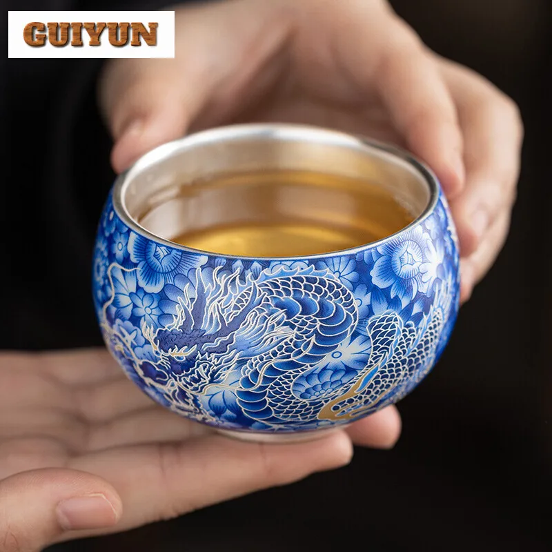 130 ml High End 999 pozlátený strieborný čaj Malý Arhat Dargon Patters Master Cup Osobný čajový misa voda džbán Chazhan Kung Fu Teaware