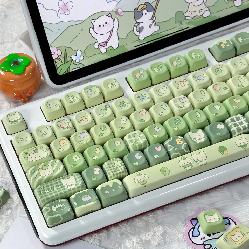 131-Keys Green matcha Keycap Typ MOA Keycap Mechanická klávesnica Prispôsobená klávesnica Sada Set Cute Cat Rabbit Cartoon Keycaps