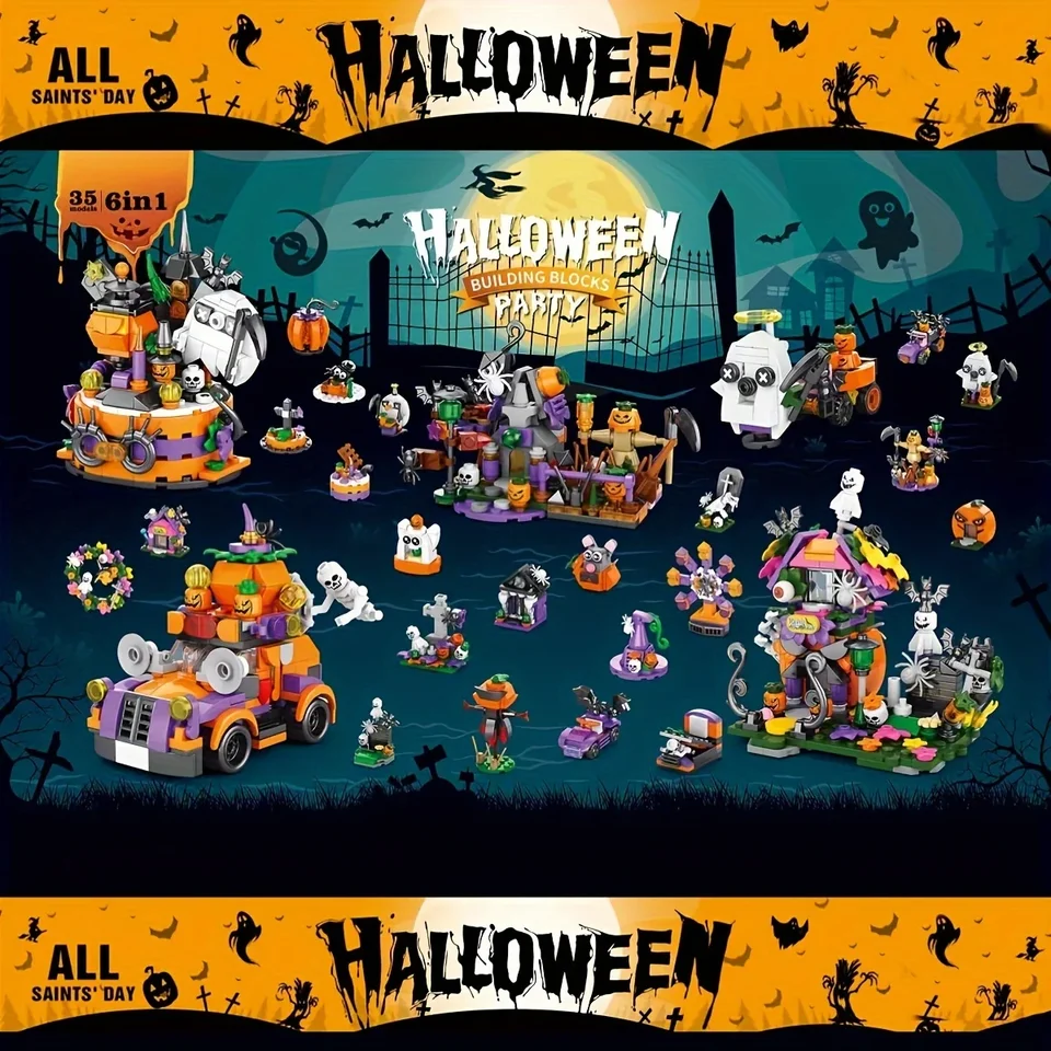 1328ks Halloween Street View Building Bloky tekvicový kočík dom Ghost Park Model tehly Vzdelávacie hračky pre deti Detské darčeky