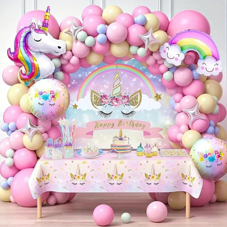 132ks Rainbow Unicorn Balloon Arch Flower Ring Set, používaný na dekoráciu letnej večierky a dekorácie narodenín
