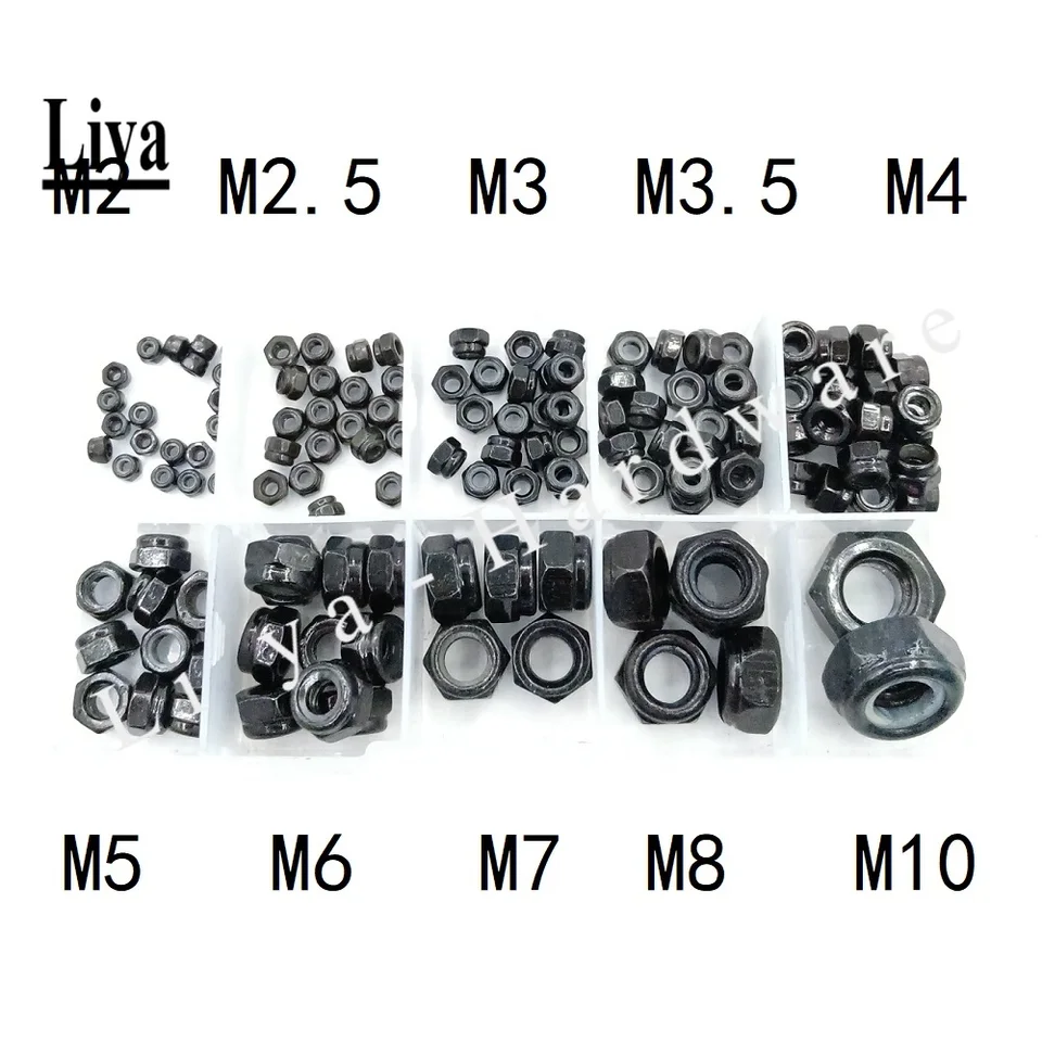 132ks/šarža M2/m2.5/m3/m3.5/m4/m5/m6/m7/m8/m10 din985 Čierna oceľ hexagon nylon nylonový zámok sortiment sortimentu sortimentu
