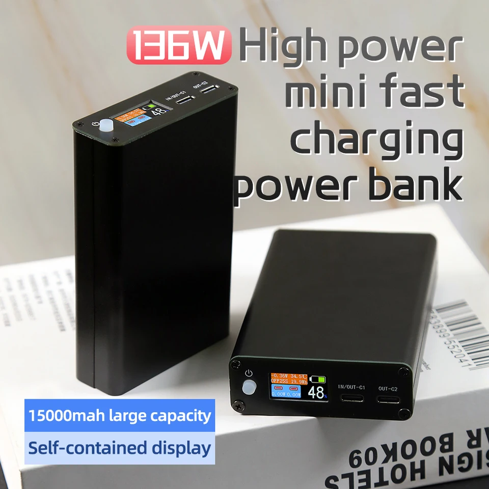 136W 0,96 palca farebná obrazovka 65W Vstup 21700 3Cell 15000 mAh LED svetlo LED LIGHT Malé objem laptopového telefónu Rýchle nabíjanie DIY Bank Case Case