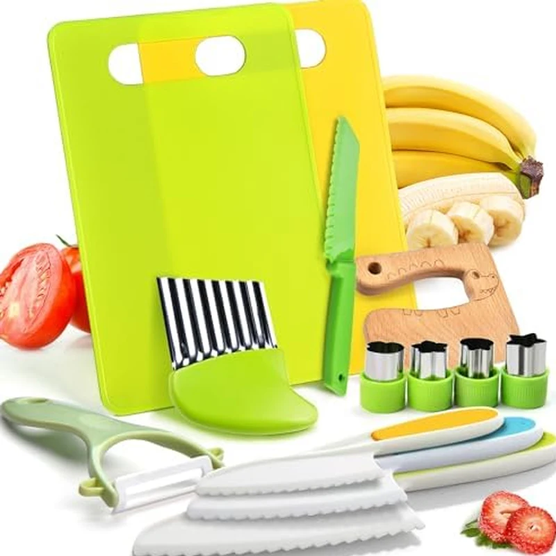 13ks Montessori Kuchynské náradie pre batoľa nôž KIFE DETS CURING CUPTER Sada SEAL Toddler Bezpečné nože Sada Toddler Cooking s plastom