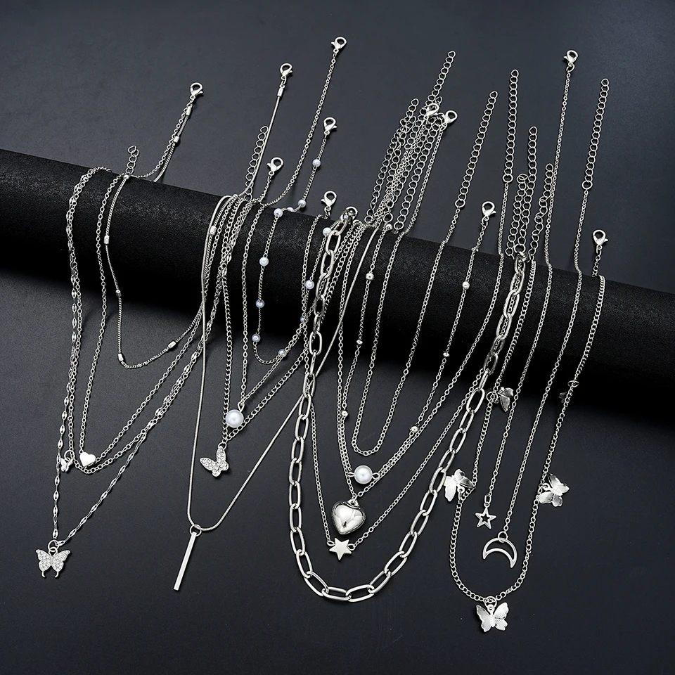 13ks/set Sunday Temperament náhrdelník Sada Motýfly Pearl Heart Star Zirkón strieborná farba náhrdelník pre ženy módne šperky darček