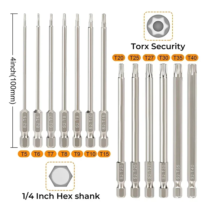 13pcs Torx Bit Set 100 mm odolný proti neoprávnenému stavu hviezdnej sety Magnetic Impacted Security Torx Screwdriver Bit Set