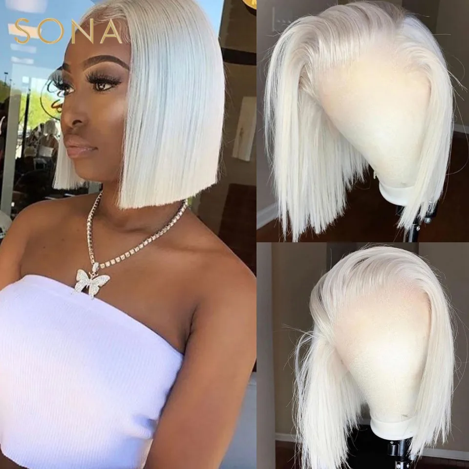 13x4 #60 Color White Platinum popolček blondínka bobová čipka predná parochňa Human Hair vopred vytrhnutá brazílska remyová priama čipka čelná parochňa