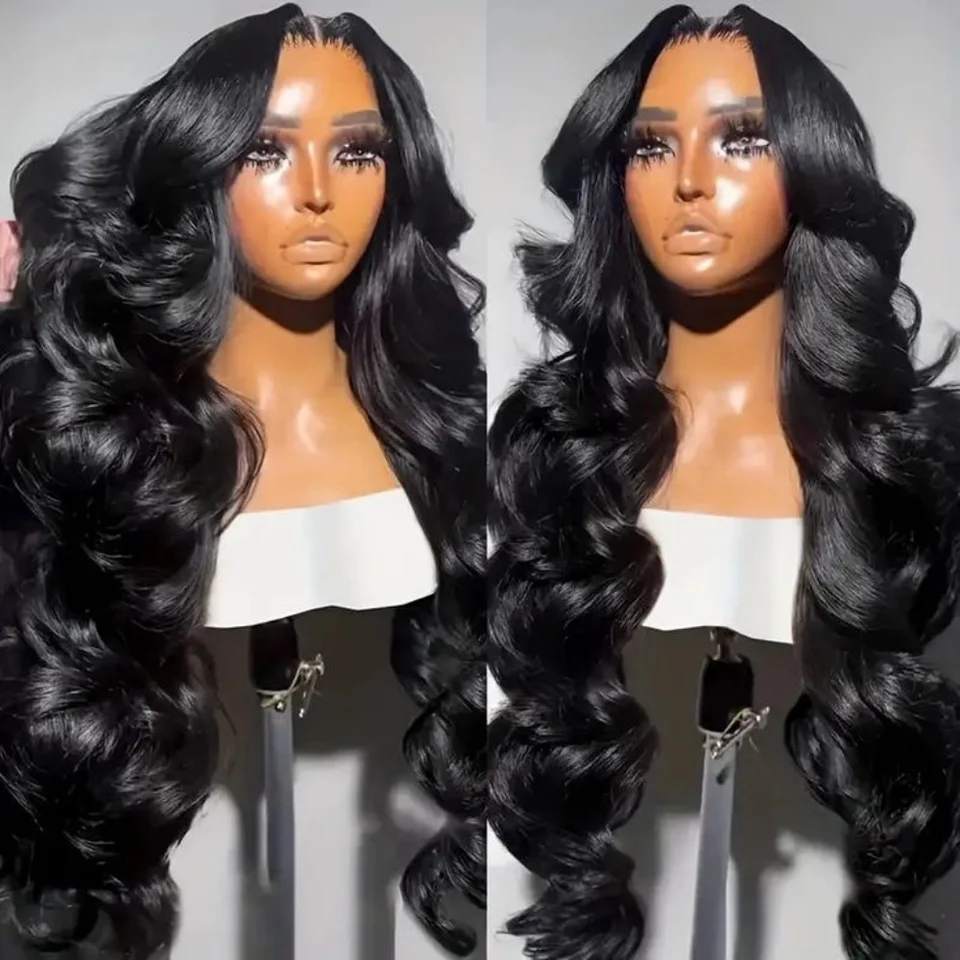 13x4 Black Body Wave Parochňa 180% Hustota Vlákno Syntetické 13x4 čipky predné parochne Lace Čestné čelné predné pruhované vlasové vlasové prvky s detskými vlasmi parochňou