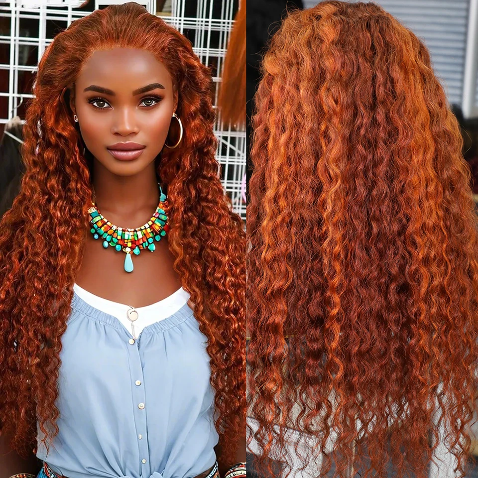 13x6 Deep Wave Lace Lace Front Human Hair Orange 200 Hustota kučeravý zázvorový zázvor brazílsky čipk