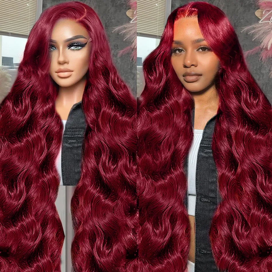 13x6 HD priehľadná vlna tela 99J Burgundsko Lace Čelné ľudské vlasy parochňa 30 palcov 13x4 čipky prednej parochne vopred pre ženy