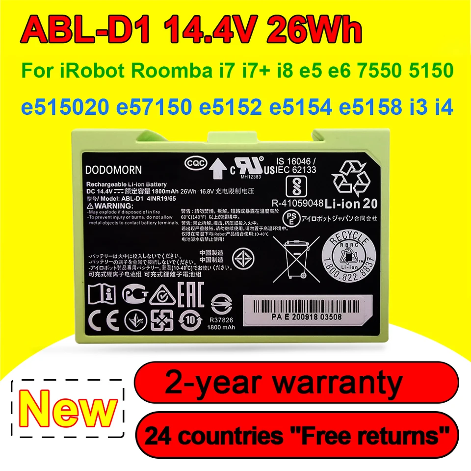 14,4V 1800 mAh ABL-D1 batéria pre IROBOT ROOMBA I7 I7+ I8 E5 E6 7150 5150 E5150 E5152 E5154 E5158 I3 I3+ I4 I4+ VACUUM CLESPREVER