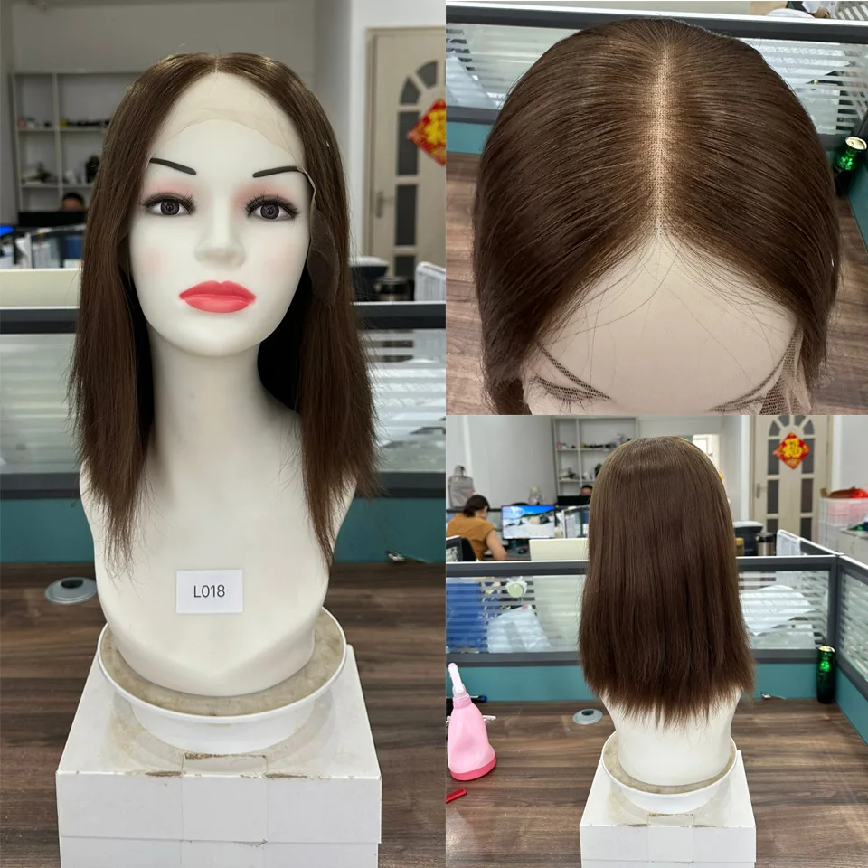14 -palcová krátka dĺžka až veľkého predaja svetlo hnedá farebná čipka Top ľudské vlasy parochne pre ženy rovná hnedá čipka Top židovská parochňa