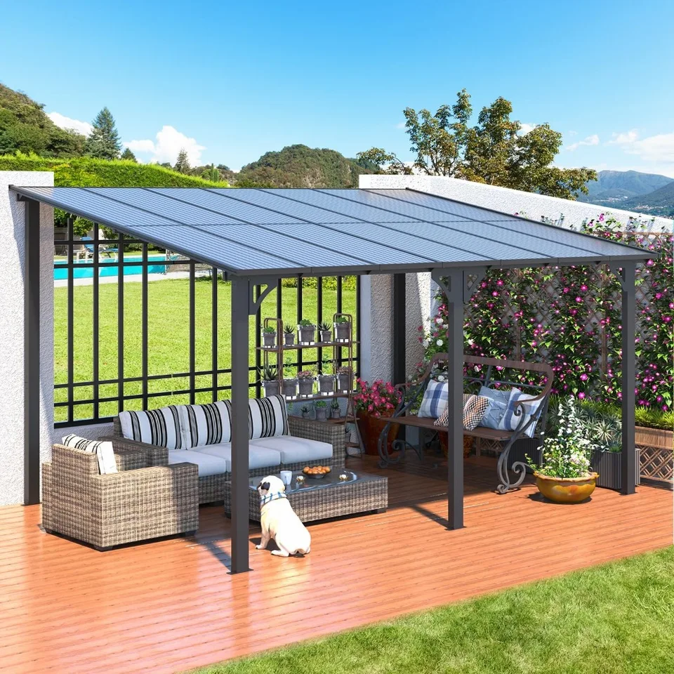 14 'x 10' altánok pre terasu, tvrdý štíhly na altánok Pergola so strechou (zatienené 140 štvorcových stôp), veľké nástenné markízy namontované na stene.