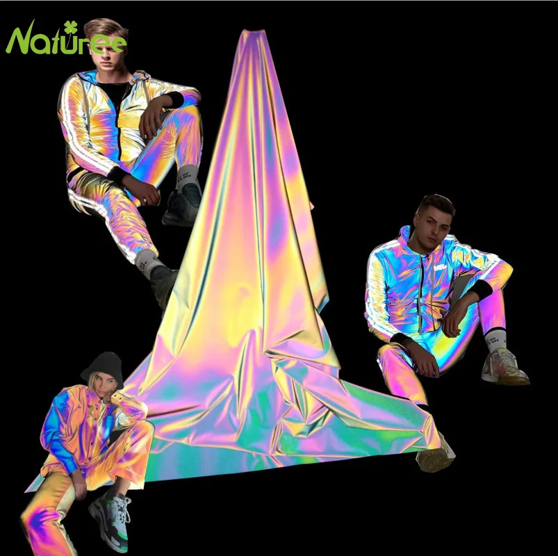 140 cm šírka farebná dúhová reflexná tkanina zvýrazňuje jasne farebnú bundu Windbreaker módny Magický reflexný materiál