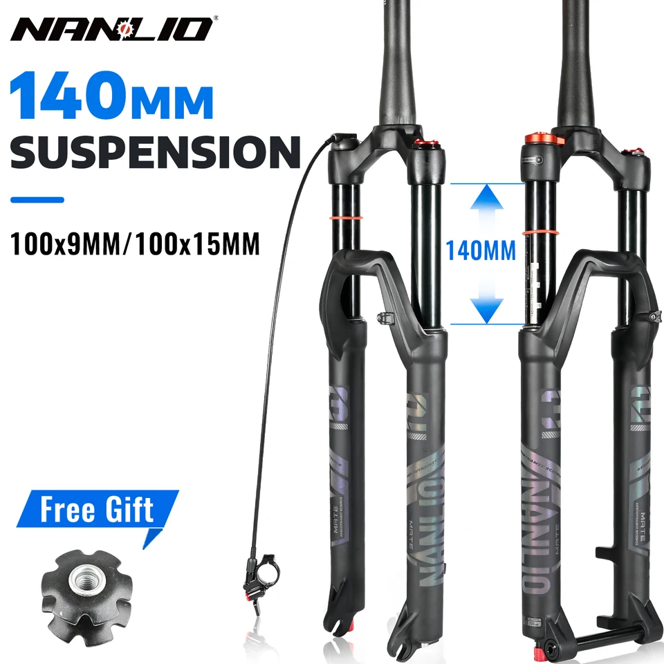 140 mm Nanlio Black Suspension Cork Vidlica Hliníková zliatina Opätovná úvaha olej a plynové vidlice 26/27,5/29 palca