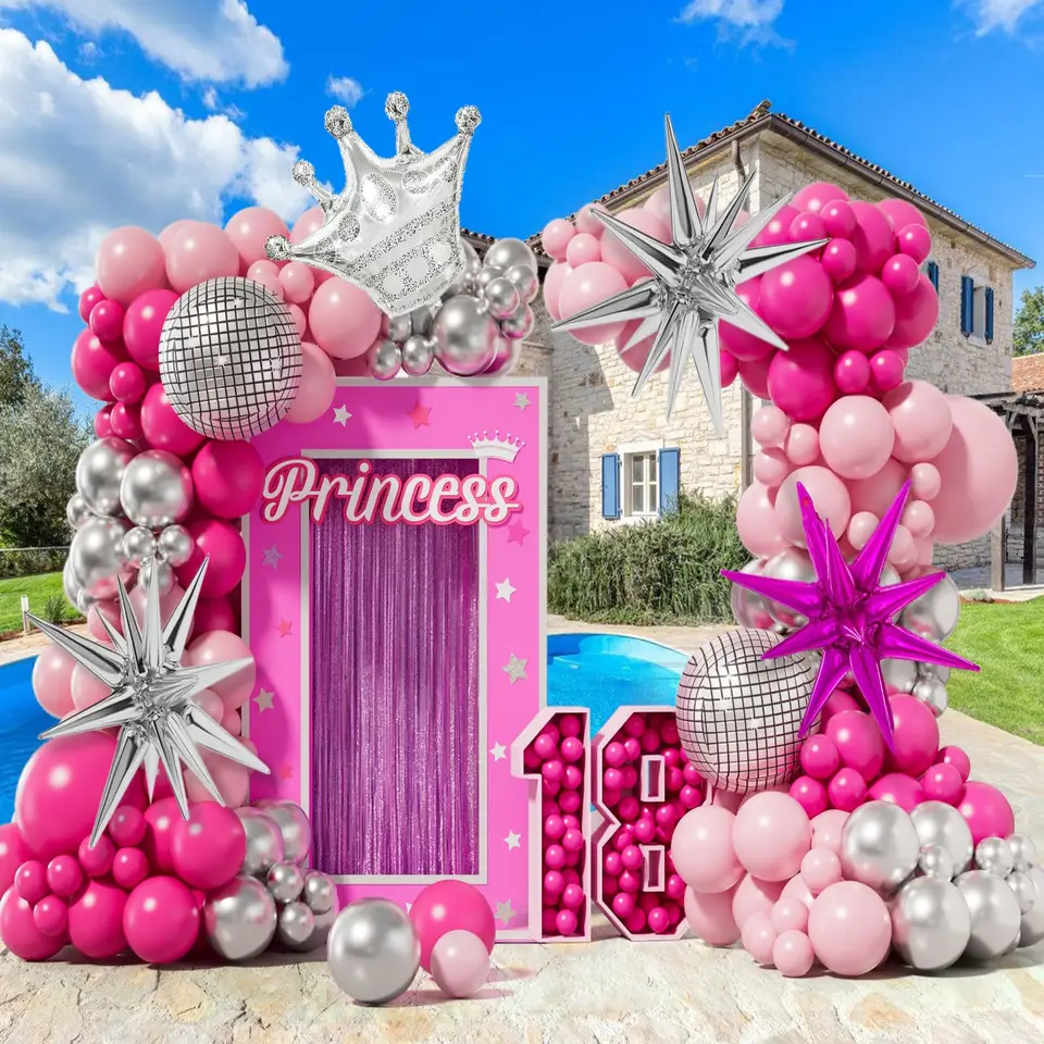 141ks Pink and Silver Balloon Arch Kit so 4D disco loptovou hviezdou Koruna pre Barbie Princess That Party
