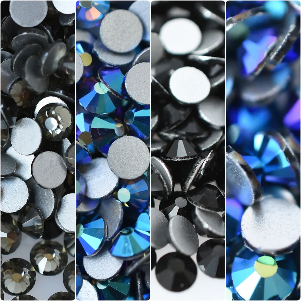 1440ks SS16 SS20 Glass Black Diamond Jet AB Transparentné šedé ploché kameni na nechty