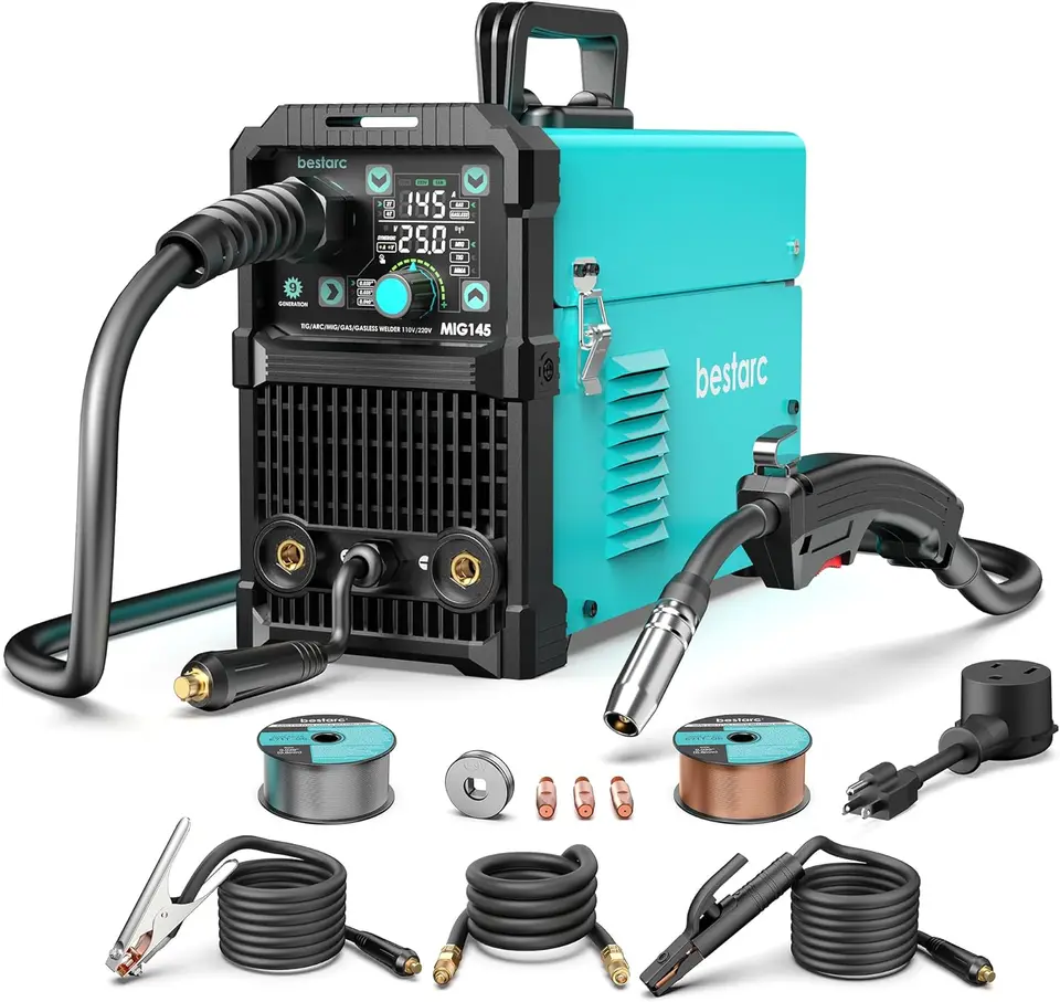 145A Mig Welder, 110V/220V Duálne napätie plynu/plynový tok jadro Mig Welder/zdvih tig/palica 3 v 1 Synergický MIG145 9gen zváranie