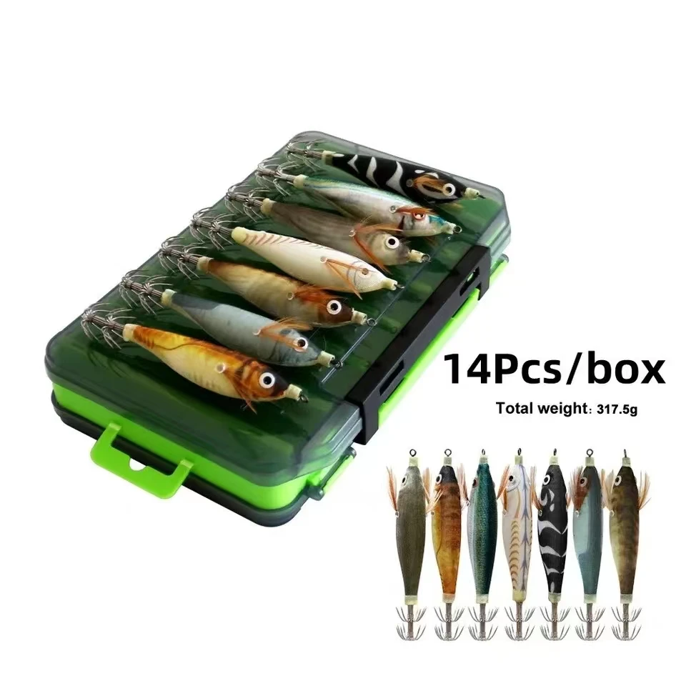 14ks Luminous Squid Jig Drevené krevety Chobotnica 10 cm 9g Umelé 3D oko tvrdé návnady chobotnica na rybolov kreviet